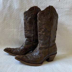 CORRAL $269 LIZARD INLAY SNIP TOE LEATHER C2109 EMBOSSED COWBOY BOOTS 8.5 EUC
